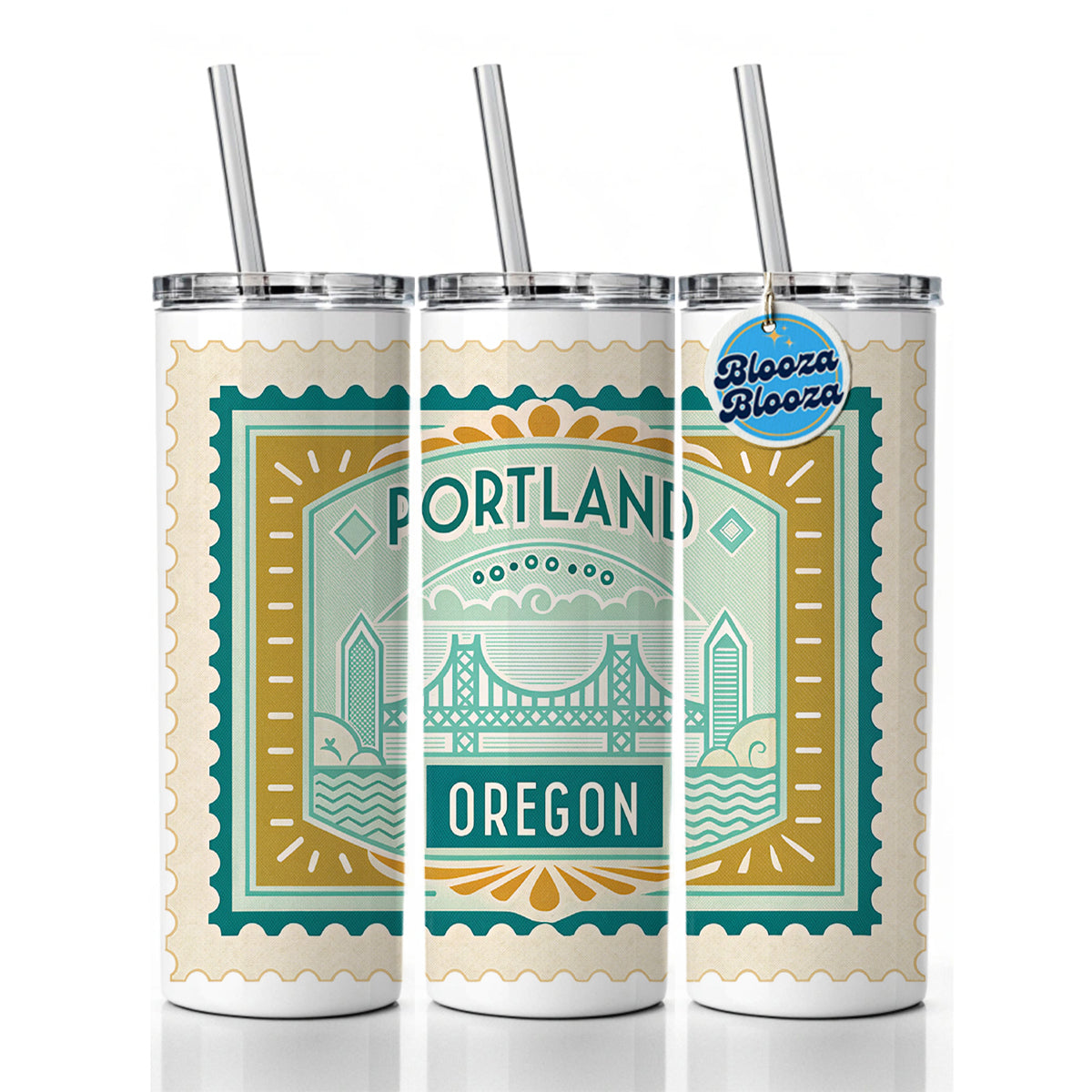 Portland OR Oregon Travel Vacation Stamp Skinny Tumbler 20oz with Straw Insulated Water Bottle Gift
