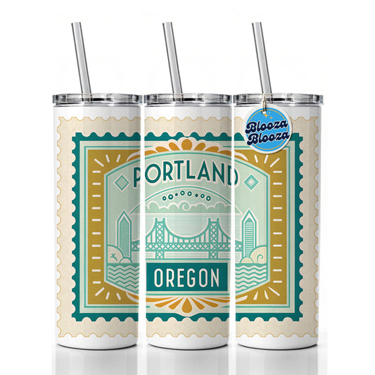 Portland OR Oregon Travel Vacation Stamp Skinny Tumbler 20oz with Straw Insulated Water Bottle Gift