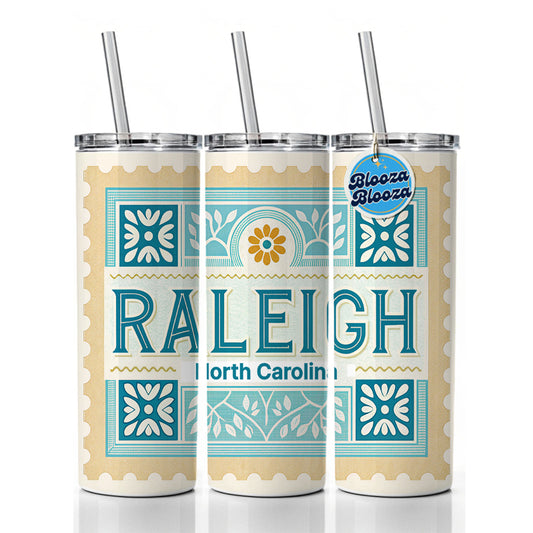 Raleigh NC North Carolina Travel Vacation Stamp Skinny Tumbler 20oz with Straw Insulated Water Bottle Gift