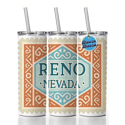 Reno NV Nevada Travel Vacation Stamp Skinny Tumbler 20oz with Straw Insulated Water Bottle Gift