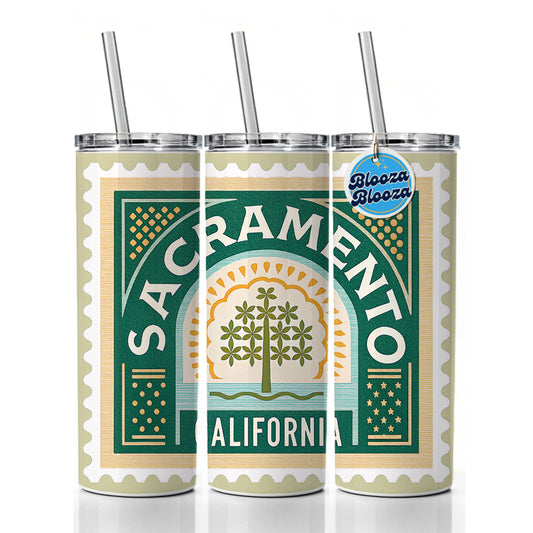 Sacramento CA California Tree Travel Vacation Stamp Skinny Tumbler 20oz with Straw Insulated Water Bottle Gift