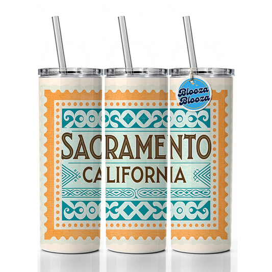 Sacramento CA California Travel Vacation Stamp Skinny Tumbler 20oz with Straw Insulated Water Bottle Gift