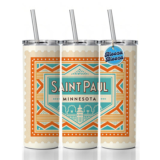 Saint Paul MN Minnesota Travel Vacation Stamp Skinny Tumbler 20oz with Straw Insulated Water Bottle Gift
