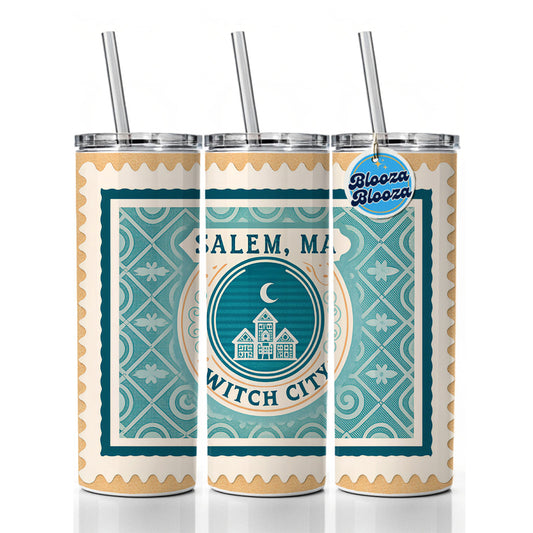 Salem MA Massachusetts Witch Trial City Travel Vacation Stamp Skinny Tumbler 20oz with Straw Insulated Water Bottle Gift