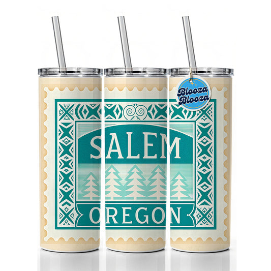 Salem OR Oregon Travel Vacation Stamp Skinny Tumbler 20oz with Straw Insulated Water Bottle Gift