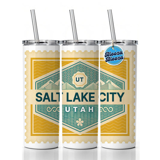Salt Lake City UT Utah Travel Vacation Stamp Skinny Tumbler 20oz with Straw Insulated Water Bottle Gift
