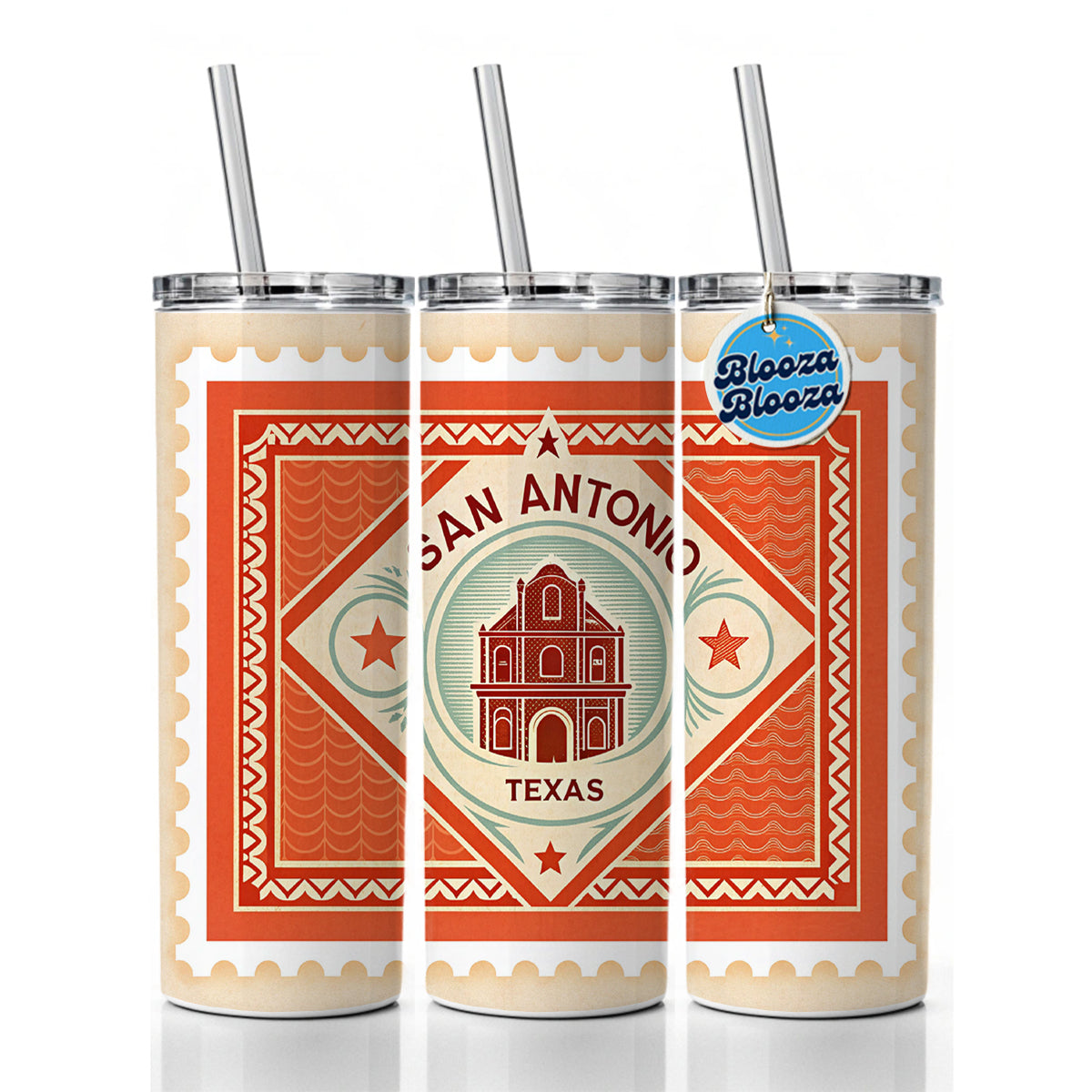 San Antonio TX Texas Alamo Travel Vacation Stamp Skinny Tumbler 20oz with Straw Insulated Water Bottle Gift