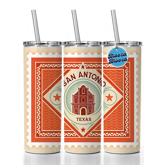 San Antonio TX Texas Alamo Travel Vacation Stamp Skinny Tumbler 20oz with Straw Insulated Water Bottle Gift