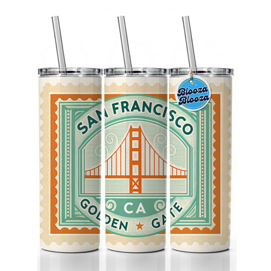 San Francisco CA California Golden Gate Bridge Travel Vacation Stamp Skinny Tumbler 20oz with Straw Insulated Water Bottle Gift