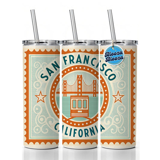 San Francisco CA California Travel Vacation Stamp Skinny Tumbler 20oz with Straw Insulated Water Bottle Gift