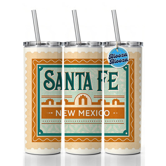 Santa Fe NM New Mexico Travel Vacation Stamp Skinny Tumbler 20oz with Straw Insulated Water Bottle Gift