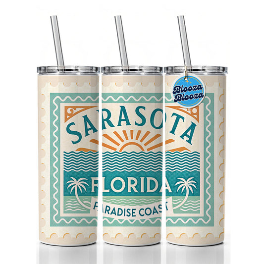 Sarasota FL Florida Paradise Coast Travel Vacation Stamp Skinny Tumbler 20oz with Straw Insulated Water Bottle Gift