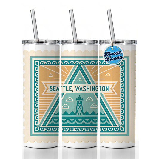Seattle WA Washington Travel Vacation Stamp Skinny Tumbler 20oz with Straw Insulated Water Bottle Gift