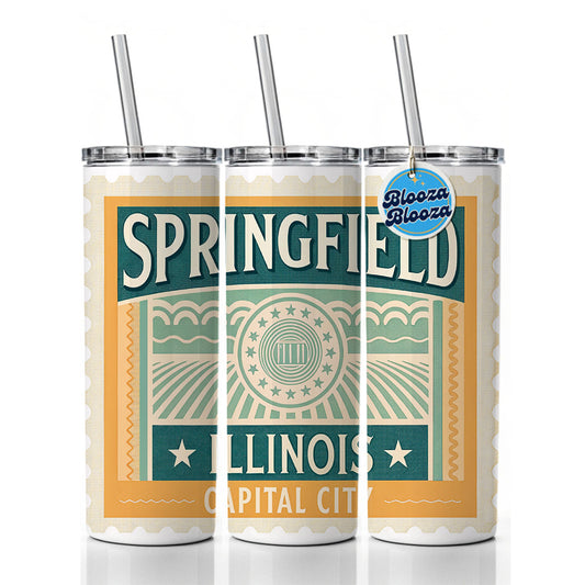Springfield IL Illinois Travel Vacation Stamp Skinny Tumbler 20oz with Straw Insulated Water Bottle Gift