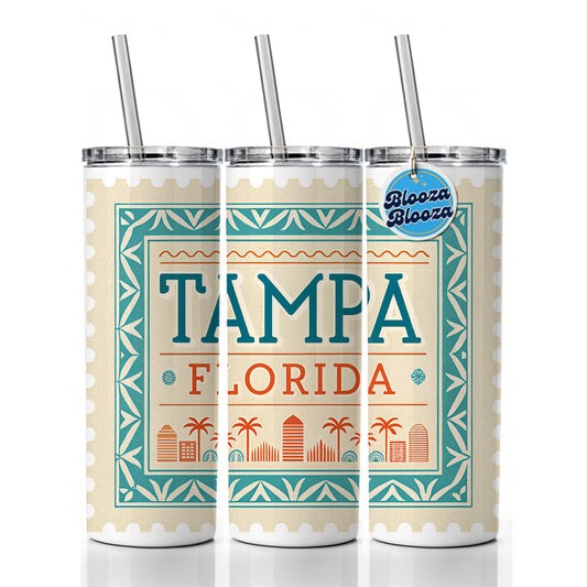 Tampa FL Florida Travel Vacation Stamp Skinny Tumbler 20oz with Straw Insulated Water Bottle Gift