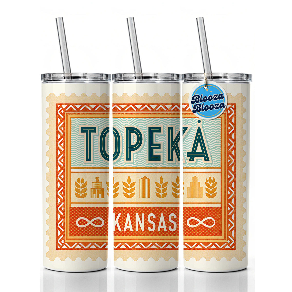 Topeka KS Kansas Travel Vacation Stamp Skinny Tumbler 20oz with Straw Insulated Water Bottle Gift