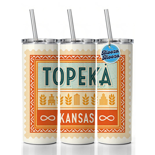 Topeka KS Kansas Travel Vacation Stamp Skinny Tumbler 20oz with Straw Insulated Water Bottle Gift