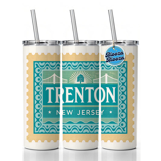 Trenton NJ New Jersey Travel Vacation Stamp Skinny Tumbler 20oz with Straw Insulated Water Bottle Gift
