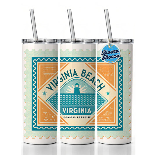 Virginia Beach VA Travel Vacation Stamp Skinny Tumbler 20oz with Straw Insulated Water Bottle Gift
