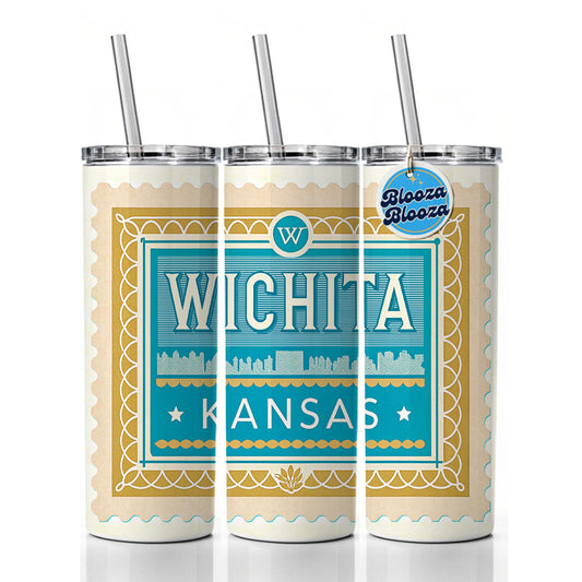 Wichita KS Kansas Travel Vacation Stamp Skinny Tumbler 20oz with Straw Insulated Water Bottle Gift