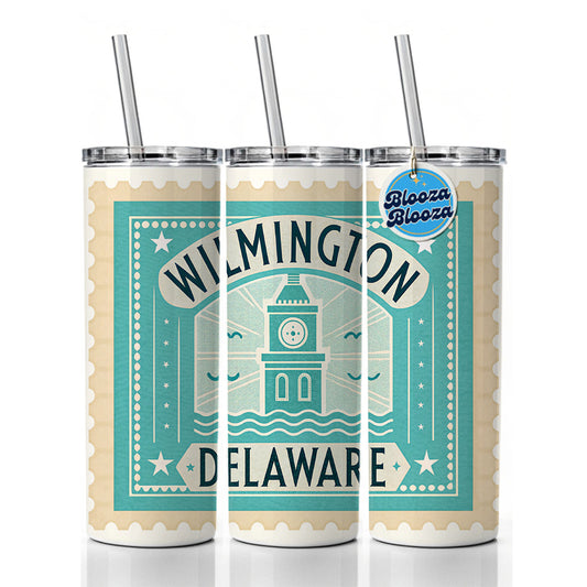 Wilmington DE Delaware Travel Vacation Stamp Skinny Tumbler 20oz with Straw Insulated Water Bottle Gift