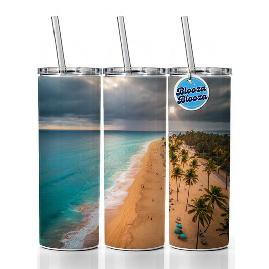 Aerial Beach Ocean Resort Palm Trees Skinny Tumbler 20oz with Straw Insulated Water Bottle Gift
