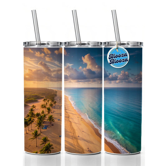 Aerial Beach Ocean View Island Vacation Skinny Tumbler 20oz with Straw Insulated Water Bottle Gift