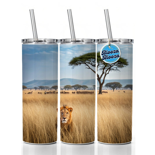 African Safari Lion Skinny Tumbler 20oz with Straw Insulated Water Bottle Gift