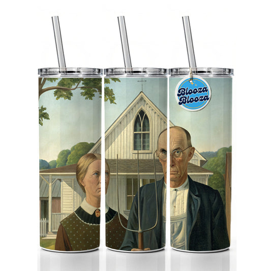 American Gothic Grant Wood Painting Inspired Skinny Tumbler 20oz with Straw Insulated Water Bottle Gift