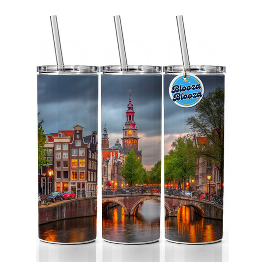 Amsterdam Netherlands At Sunset Skinny Tumbler 20oz with Straw Insulated Water Bottle Gift