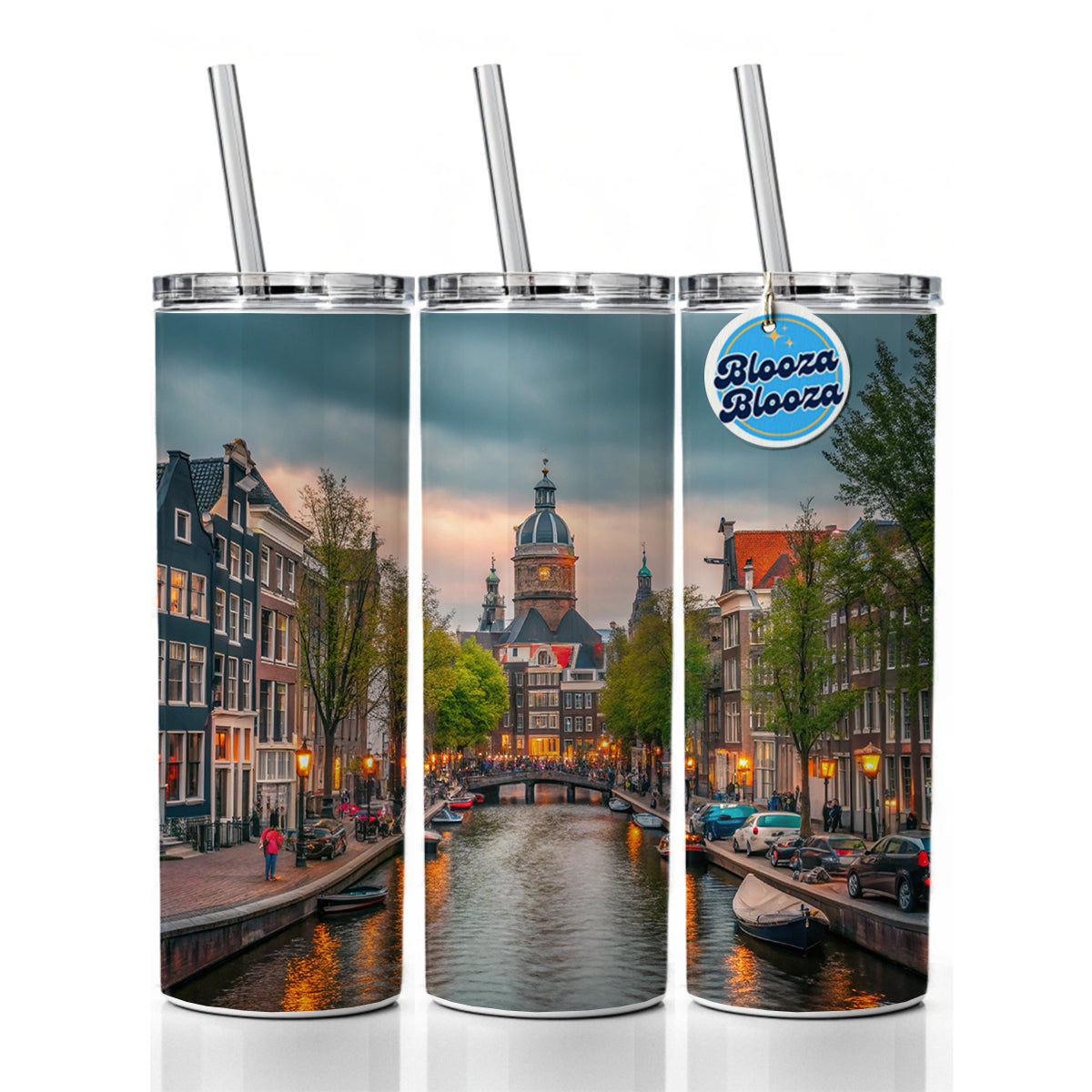 Amsterdam Netherlands Twilight Canals Skinny Tumbler 20oz with Straw Insulated Water Bottle Gift
