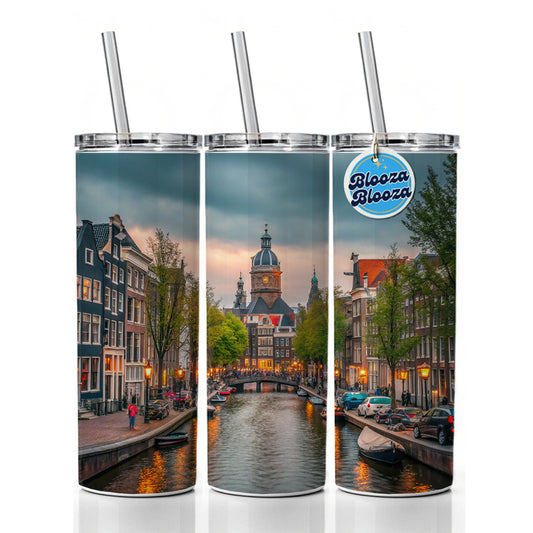 Amsterdam Netherlands Twilight Canals Skinny Tumbler 20oz with Straw Insulated Water Bottle Gift