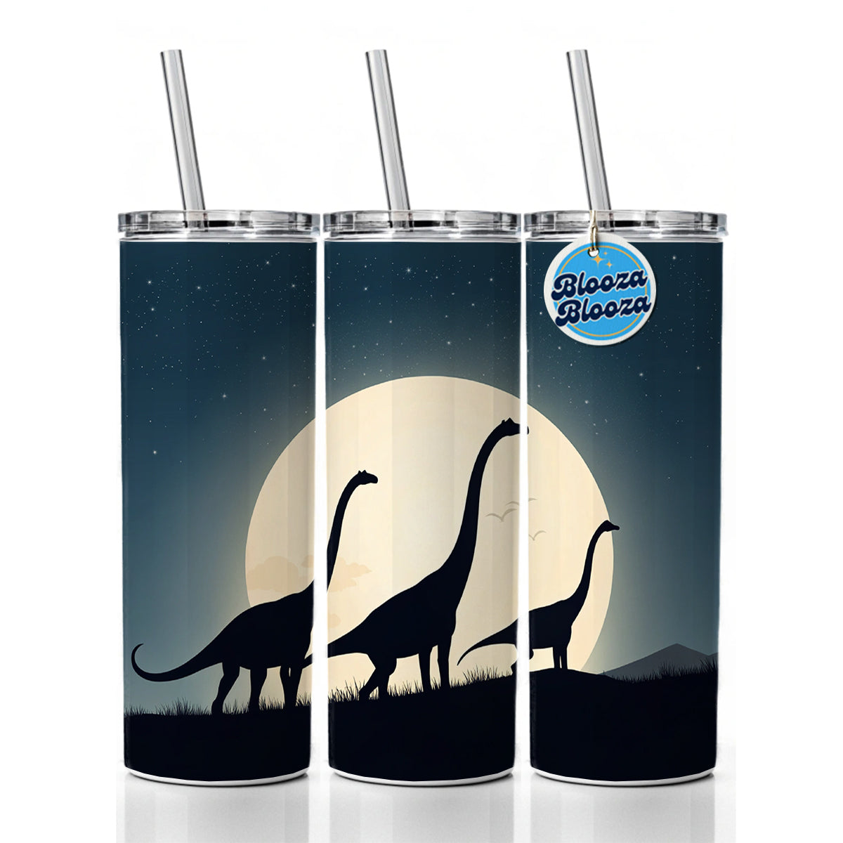 Apatosaurus Silhouettes Moon Night Dinosaurs Skinny Tumbler 20oz with Straw Insulated Water Bottle Gift