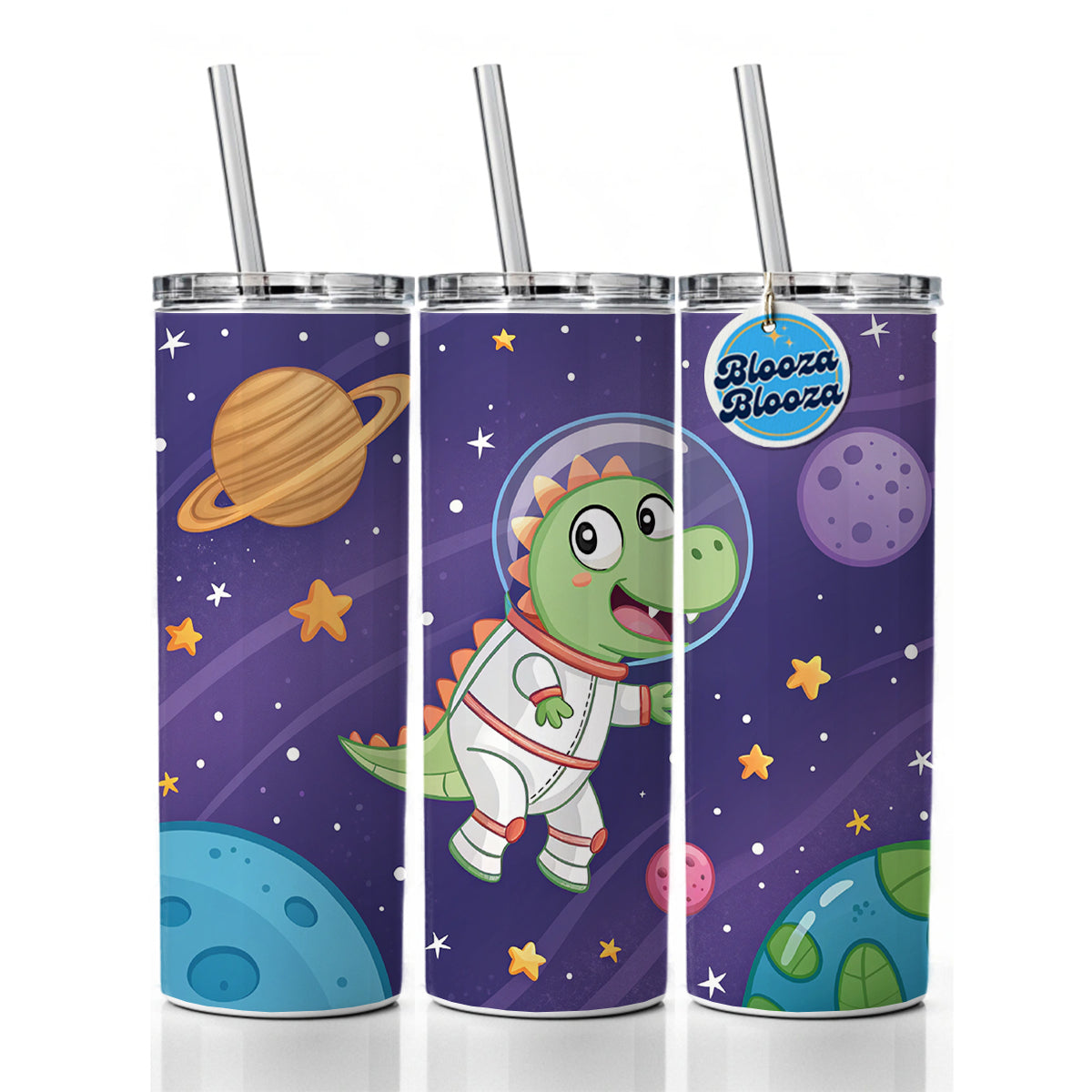 Astronaut Dinosaur Floating Outer Space Planets Skinny Tumbler 20oz with Straw Insulated Water Bottle Gift