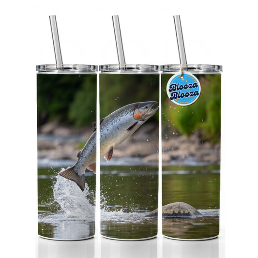 Atlantic Salmon Fish Jumping Fishing River Skinny Tumbler 20oz with Straw Insulated Water Bottle Gift