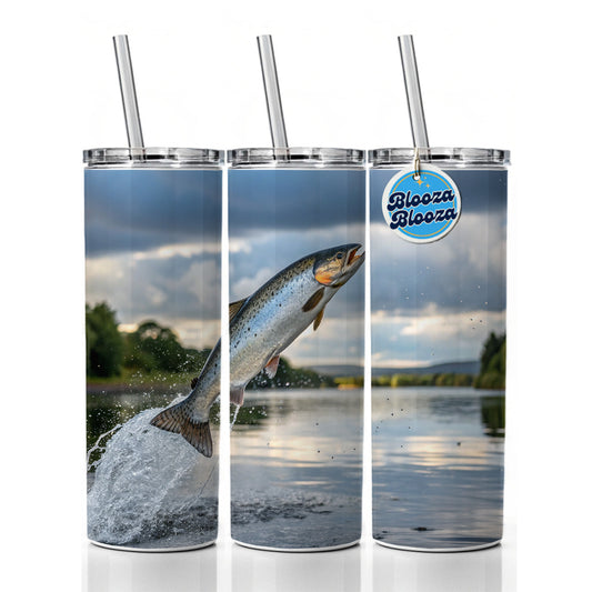 Atlantic Salmon Fish Jumping Fishing Skinny Tumbler 20oz with Straw Insulated Water Bottle Gift