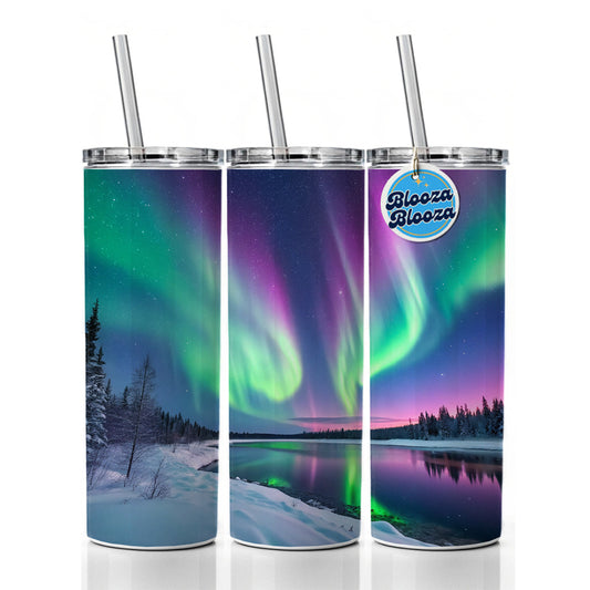 Aurora Borealis Northern Southern Lights Colorful Beautiful Skinny Tumbler 20oz with Straw Insulated Water Bottle Gift