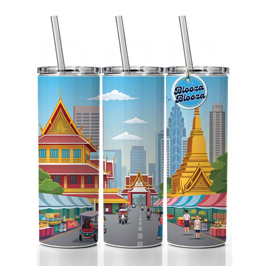 Bangkok Thailand Drawing Skinny Tumbler 20oz with Straw Insulated Water Bottle Gift