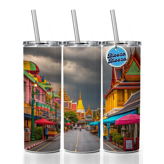Bangkok Thailand Street Skinny Tumbler 20oz with Straw Insulated Water Bottle Gift