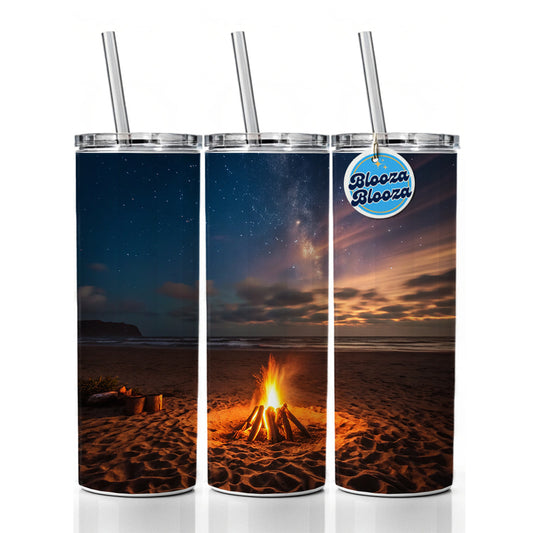 Beach Bonfire Scene Night Skinny Tumbler 20oz with Straw Insulated Water Bottle Gift