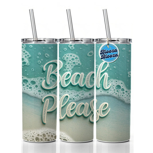 Beach Please Sea Foam Ocean Skinny Tumbler 20oz with Straw Insulated Water Bottle Gift