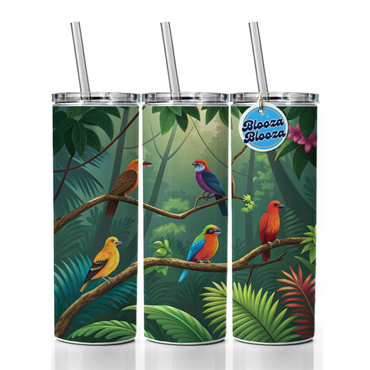 Birds In Jungle Colorful Skinny Tumbler 20oz with Straw Insulated Water Bottle Gift