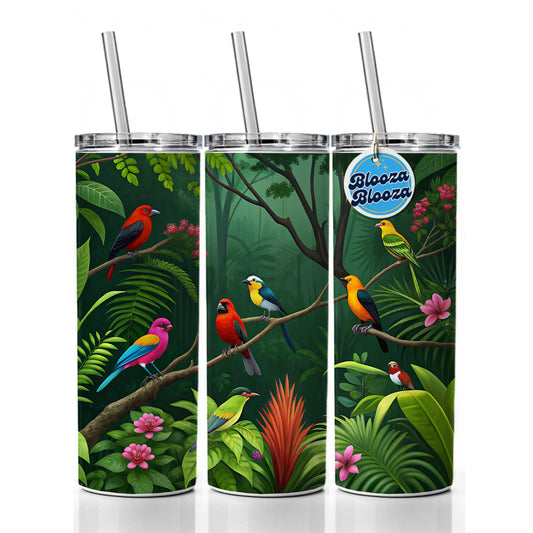 Birds In Jungle Trees Ferns Skinny Tumbler 20oz with Straw Insulated Water Bottle Gift