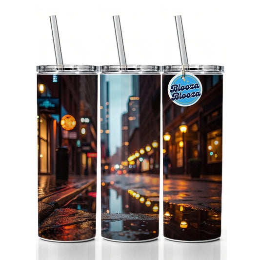 Blurred Lights Buildings City Rainy Street Skinny Tumbler 20oz with Straw Insulated Water Bottle Gift