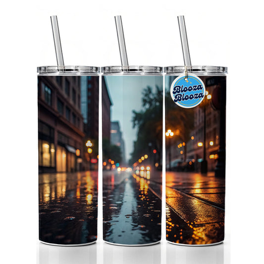 Blurred Lights City Wet Street Skinny Tumbler 20oz with Straw Insulated Water Bottle Gift