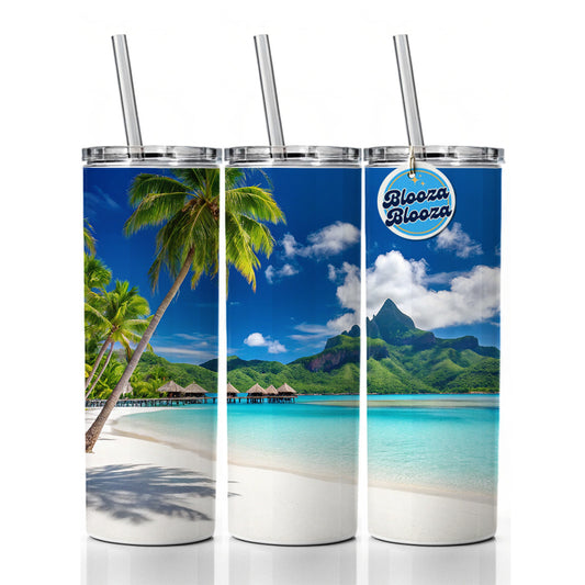 Bora Bora French Polynesia Bungalows Ocean Skinny Tumbler 20oz with Straw Insulated Water Bottle Gift