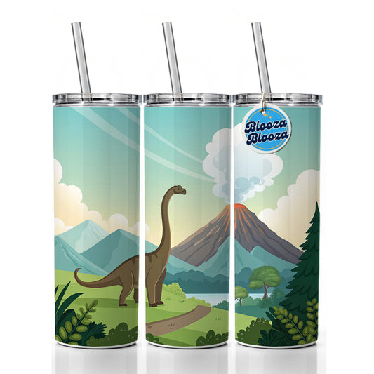 Brachiosaurus Volcano Erupting Dinosaur Skinny Tumbler 20oz with Straw Insulated Water Bottle Gift