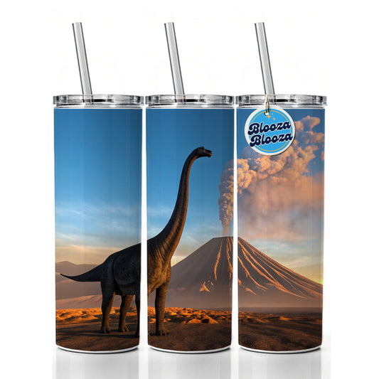 Brachiosaurus Volcano Sunset Dinosaur Skinny Tumbler 20oz with Straw Insulated Water Bottle Gift