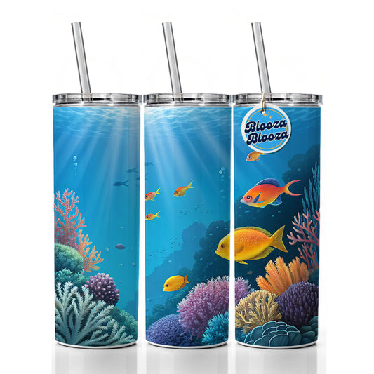 Bright Colorful Fish Coral Light Rays Tropical Ocean Skinny Tumbler 20oz with Straw Insulated Water Bottle Gift