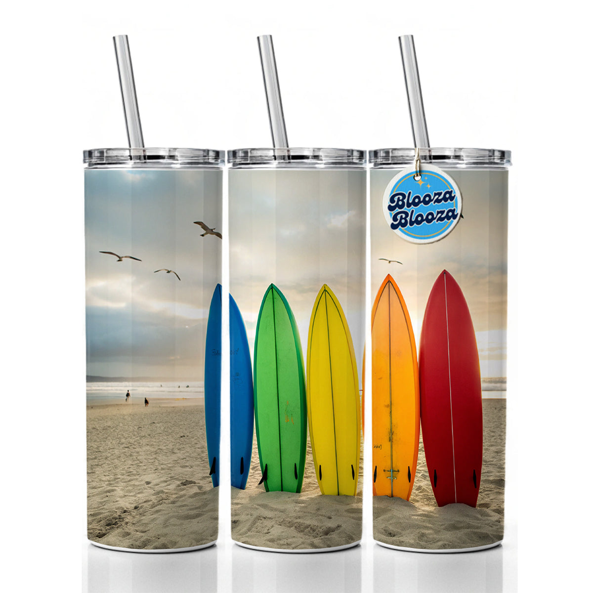 Brightly Colored Surfboards In The Sand Beach Ocean Skinny Tumbler 20oz with Straw Insulated Water Bottle Gift